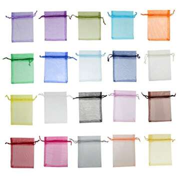 Tebery 200-Count Assorted Color Organza Gift Bags with Drawstring Yarn Bag Candy Jewelry Party Wedding Favor Pouches - 3.5 x 4.75 Inches