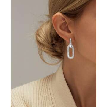 Bvuem Silver Earrings for Women Trendy, Simple Dainty 925 Sterling Silver Paperclip Square Chain Link Dangle Hoops Earrings Chunky Huggie Earrings Lightweight Hypoallergenic Minimalist Aesthetic Silver Jewelry for Women