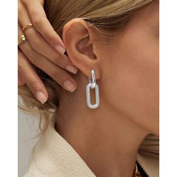 Bvuem Silver Earrings for Women Trendy, Simple Dainty 925 Sterling Silver Paperclip Square Chain Link Dangle Hoops Earrings Chunky Huggie Earrings Lightweight Hypoallergenic Minimalist Aesthetic Silver Jewelry for Women