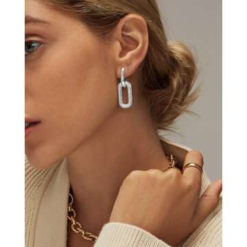 Bvuem Silver Earrings for Women Trendy, Simple Dainty 925 Sterling Silver Paperclip Square Chain Link Dangle Hoops Earrings Chunky Huggie Earrings Lightweight Hypoallergenic Minimalist Aesthetic Silver Jewelry for Women