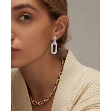 Bvuem Silver Earrings for Women Trendy, Simple Dainty 925 Sterling Silver Paperclip Square Chain Link Dangle Hoops Earrings Chunky Huggie Earrings Lightweight Hypoallergenic Minimalist Aesthetic Silver Jewelry for Women