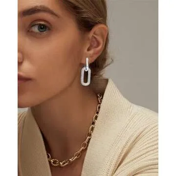 Bvuem Silver Earrings for Women Trendy, Simple Dainty 925 Sterling Silver Paperclip Square Chain Link Dangle Hoops Earrings Chunky Huggie Earrings Lightweight Hypoallergenic Minimalist Aesthetic Silver Jewelry for Women