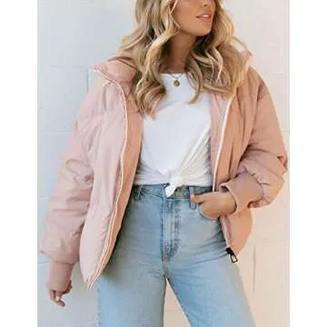 ZESICA Women's Winter Warm Long Sleeve Zip Up Drawsting Baggy Cropped Puffer Down Jacket Coat Outerwear,Pink,Small