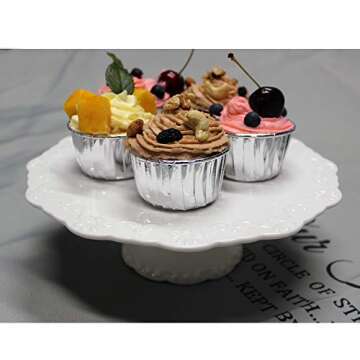 BPFY 8 Inch Round White Ceramic Cake Stand, Decorative Cupcake Stand, Dessert Display Plates for Snacks and Cookies, Baby Shower, Birthday, Wedding Party Decor (Fit for 8 inch Cake)