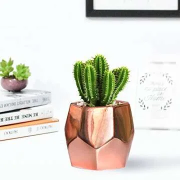 GeLive Hexagon Rose Gold Succulent Planter, Ceramic Geometric Cactus Plant Pot, Modern Window Box with Drainage Hole, Home Accent Décor (Hexagon Planter)