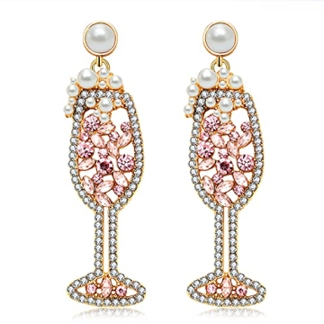 Champagne Wine Glass Earrings-Handmade Champagne Flute Earrings -Charm Rhinestone Crystal Pearl bead...