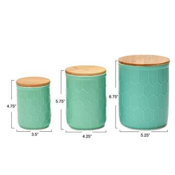 Bloomingville Farmhouse Stoneware Canisters with Honeycomb Design and Bamboo Lids, Mint Green and Natural, Set of 3 Sizes