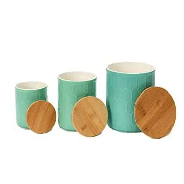 Bloomingville Farmhouse Stoneware Canisters with Honeycomb Design and Bamboo Lids, Mint Green and Natural, Set of 3 Sizes