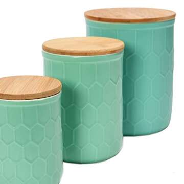 Bloomingville Farmhouse Stoneware Canisters with Honeycomb Design and Bamboo Lids, Mint Green and Natural, Set of 3 Sizes