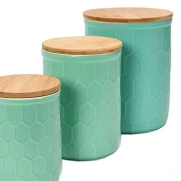Bloomingville Farmhouse Stoneware Canisters with Honeycomb Design and Bamboo Lids, Mint Green and Natural, Set of 3 Sizes