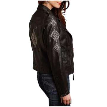 Stetson Women's Embroidered Motorcycle Leather Jacket Black Large