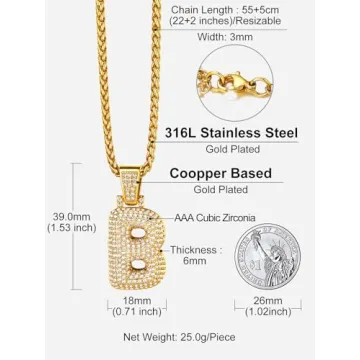 Richsteel Bubble Initial Letter B Pendant Necklace Women Men Cubic Zirconia Monogram Charm with Spiga Chain Hip Hop Jewelry