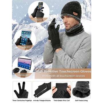 VXVGER Hat Scarf Gloves Set 5PCS Warm Beanie Hat Scarf Touch Screen Gloves Ear Warmers Thermal Socks Winter Set, Black, One Size