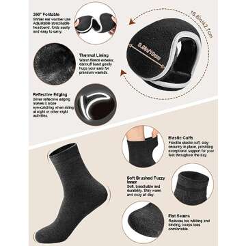 VXVGER Hat Scarf Gloves Set 5PCS Warm Beanie Hat Scarf Touch Screen Gloves Ear Warmers Thermal Socks Winter Set, Black, One Size