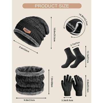 VXVGER Hat Scarf Gloves Set 5PCS Warm Beanie Hat Scarf Touch Screen Gloves Ear Warmers Thermal Socks Winter Set, Black, One Size