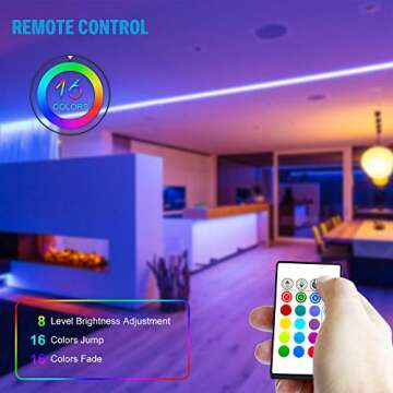 Led Strip Lights 16.4 ft RGB 5050 Color Kit with 24 Key Remote Control and Power Supply Mood Lamp for Room Bedroom Home Kitchen Indoor Decorations