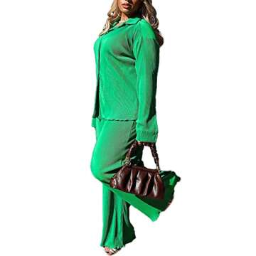kaimimei Women's 2 Piece Outfits Pleated Wide Leg Pants Casual Long Sleeve Button Down Shirt Sets St...