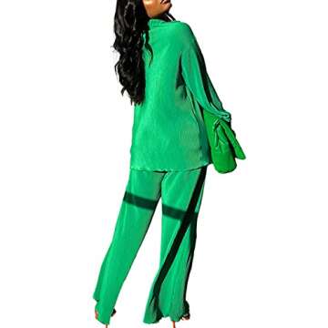 kaimimei Women's 2 Piece Outfits Pleated Wide Leg Pants Casual Long Sleeve Button Down Shirt Sets Streetwear