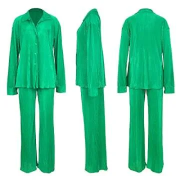 kaimimei Women's 2 Piece Outfits Pleated Wide Leg Pants Casual Long Sleeve Button Down Shirt Sets Streetwear