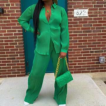 kaimimei Women's 2 Piece Outfits Pleated Wide Leg Pants Casual Long Sleeve Button Down Shirt Sets Streetwear