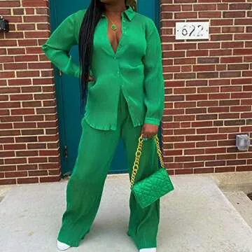 kaimimei Women's 2 Piece Outfits Pleated Wide Leg Pants Casual Long Sleeve Button Down Shirt Sets Streetwear