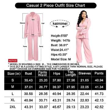 kaimimei Women's 2 Piece Outfits Pleated Wide Leg Pants Casual Long Sleeve Button Down Shirt Sets Streetwear