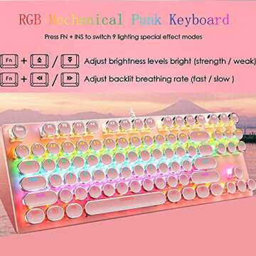 Ltvystore Mechanical Gaming Pink Keyboard,87 Key Retro Punk Typewriter-Style,Blue Switch RGB Backlit...