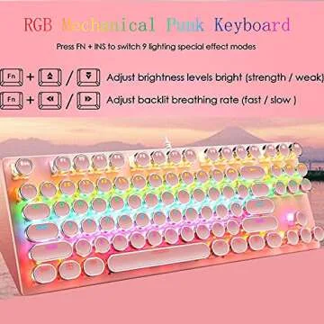 Ltvystore Mechanical Gaming Pink Keyboard,87 Key Retro Punk Typewriter-Style,Blue Switch RGB Backlit...
