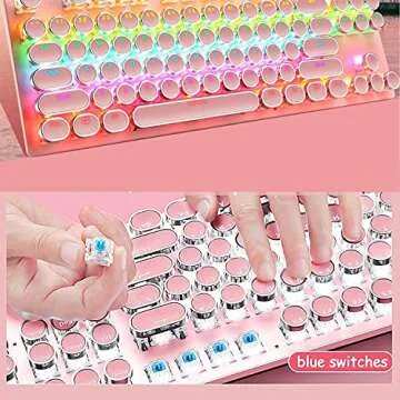 Ltvystore Mechanical Gaming Pink Keyboard,87 Key Retro Punk Typewriter-Style,Blue Switch RGB Backlit Keyboard,Anti-Ghosting, USB Wired, for PC Laptop Desktop Computer, for Game and Office