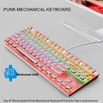 Ltvystore Mechanical Gaming Pink Keyboard,87 Key Retro Punk Typewriter-Style,Blue Switch RGB Backlit Keyboard,Anti-Ghosting, USB Wired, for PC Laptop Desktop Computer, for Game and Office