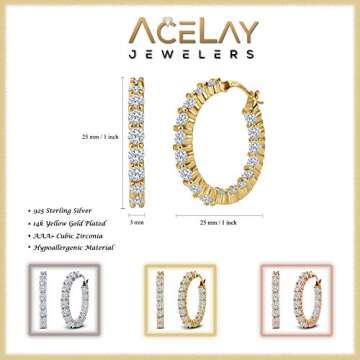 AceLay 14k Gold Plated Sterling Silver Hoop Earrings For Women Filled With CZ Stones - Hypoallergenic Huggies Earring - 25mm Yellow Gold Earrings