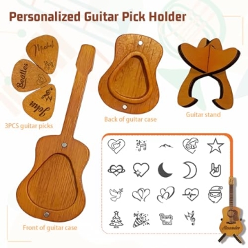 Personalized Wooden Guitar Pick Case with 3 Custom Picks - Ideal Gift for Guitarists