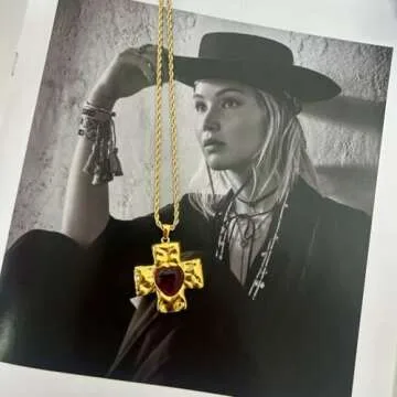 Elegant 18K Gold Red Agate Heart Cross Necklace