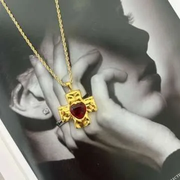 Elegant 18K Gold Red Agate Heart Cross Necklace