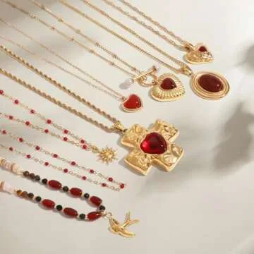 Elegant 18K Gold Red Agate Heart Cross Necklace