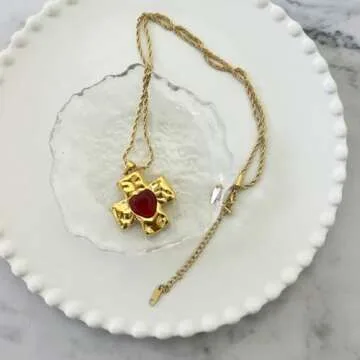 Elegant 18K Gold Red Agate Heart Cross Necklace