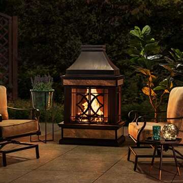 Sunjoy Outdoor Fireplace, Heirloom Patio Wood Burning Steel Fireplace with Chimney, Spark Screen, Fi...