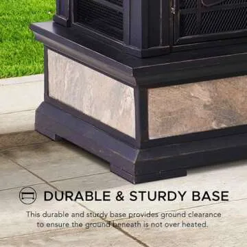 Sunjoy Outdoor Fireplace, Heirloom Patio Wood Burning Steel Fireplace with Chimney, Spark Screen, Fire Poker, and Removable Grate, Black