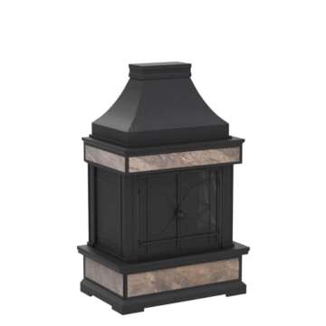 Sunjoy Outdoor Fireplace, Heirloom Patio Wood Burning Steel Fireplace with Chimney, Spark Screen, Fire Poker, and Removable Grate, Black