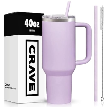 Crave Cups 40oz Tumbler With Handle And Straw l Insulated Stainless Steel Double Wall Spill Proof Wa...