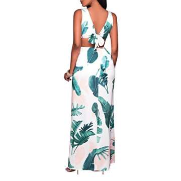 Meenew Women's Tropical Palm Printed Cutout Sundress Long Maxi Dress White S