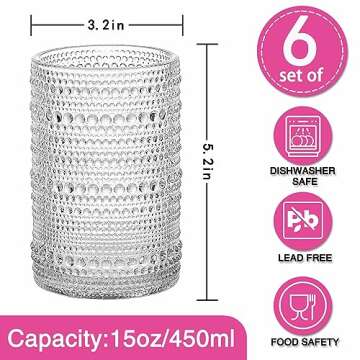 Consou Large Glasses Set of 6, 15 oz Hobnail Glassware Thick Glass Heavy Base