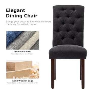 COLAMY Button Tufted Dining Chairs Set of 6, Parsons Upholstered Fabric Dining Room Chairs Kitchen Chairs with Wood Legs and Padded Seat, Black