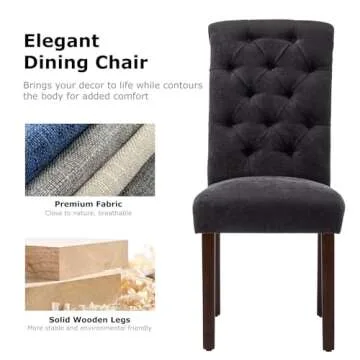 COLAMY Button Tufted Dining Chairs Set of 6, Parsons Upholstered Fabric Dining Room Chairs Kitchen Chairs with Wood Legs and Padded Seat, Black