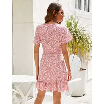 Naggoo Women's Summer Wrap V Neck Polka Dot Print Ruffle Short Sleeve Mini Floral Dress with Belt (M, Pink)