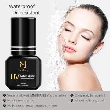 M J Eyelash Extension Glue UV Lash Glue Extra Strong 0.1 Sec Dry Waterproof Retention – Until The Lashes Fall Out Lash Extension Glue Lash Adhesive Only Professional Use Must UV Light(5ML, Black)