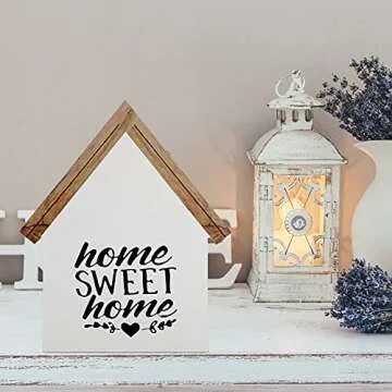 Jetec 1 Pcs Wooden Home Sign Welcome Home Table Sign Rustic Sweet Farmhouse Decor Double Sided House Shape Wood Block for Tabletop Shelf Desk Tiered Tray Window Wall Room Decor
