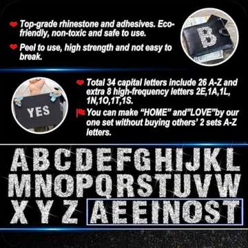 Locacrystal 34Pcs Bling Resin Rhinestone Alphabet Letter Stickers, A-Z Letters Self-Adhesive hotfix Crystal Rhinestones Word Sticker for Car&Art&Crafts&Clothing DIY Decoration(Silver)