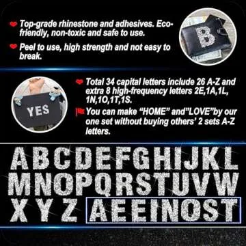 Locacrystal 34Pcs Bling Resin Rhinestone Alphabet Letter Stickers, A-Z Letters Self-Adhesive hotfix Crystal Rhinestones Word Sticker for Car&Art&Crafts&Clothing DIY Decoration(Silver)