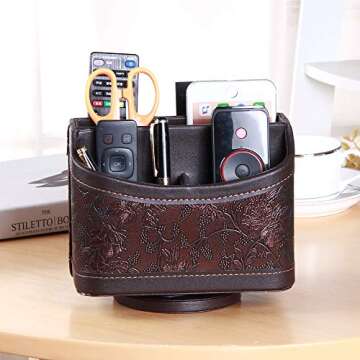 PUSU Leather 360°Rotatable Remote Control Holder,Nightstand TV Remote Caddy,Office Supplies Desktop...
